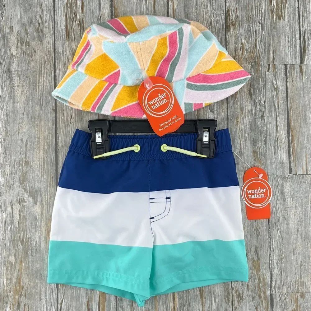 Baby Boys Quick Dry Swim Trunks Shorts & Bucket Hat Size 18M